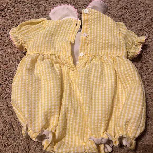 Smocked Flamingo Yellow Gingham Baby Romper with Bunny Accents - Picture 3 of 4